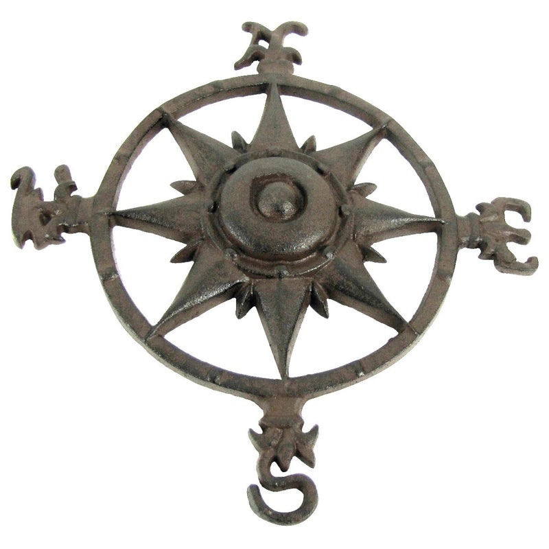 TG Rustic Cast Iron Rose Compass Nautical Beach House Wall Art Outdoor Garden Decor - Image 1